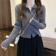 Ady Glenna韓系針織衫女短款修身顯瘦氣質(zhì)毛衣女秋冬設計感上衣女針織開(kāi)衫女 灰色 M 【80-100】