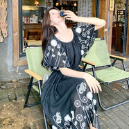 國風(fēng)新中式刺繡連衣裙女兩件套2025年款韓版寬松顯瘦裙子 黑色 S 【85-105斤】