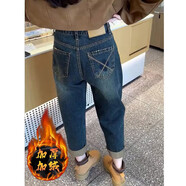 俞兆林（YUZHAOLIN）2025秋冬新款加絨加厚復古高腰哈倫牛仔褲女設計感刺繡口袋老爹褲 復古藍【加絨】 加厚 M 建議95-108斤