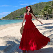 芊綢多巴胺獨特漂亮紅色掐腰裙露背波西米亞連衣裙新疆旅游穿搭 酒紅色 S