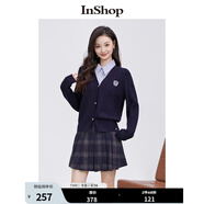 InShop【商場同款】新款學(xué)院風(fēng)刺繡毛衣外套女條紋拼接假兩件上衣 藏藍色 均碼