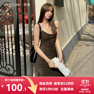 西遇HK豹紋V領(lǐng)甜辣吊帶連衣裙女新款純欲收腰修身短裙 豹紋色 M