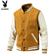 花花公子（PLAYBOY）高端新款夾克男秋冬時(shí)尚美式棒球服男款毛呢pu袖男士外套休閑男裝 桔色 M