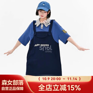 森女部落朱迪尼克小個(gè)子假兩件連衣裙短袖裙子寬松學(xué)生夏款潮原創(chuàng) 藍(lán)色T恤裙（單件） S
