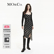 MO&Co.連衣裙含綿羊毛格紋捏褶收腰斜裁裙擺側(cè)開(kāi)叉吊帶裙摩安珂 黑白格色 S 160