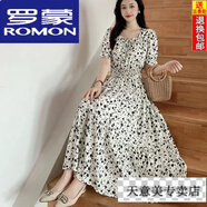 羅蒙（ROMON）超仙棉綢連衣裙時(shí)尚方領(lǐng)大擺碎花長(cháng)裙波西米亞收腰顯瘦度假沙灘裙 白底小黑花 XL 110-120斤