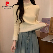 皮爾卡丹秋冬半高領(lǐng)修身緊身長(cháng)袖打底針織衫上衣加厚一體絨保暖白色毛衣女 杏色（一體絨版） S