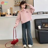 貝貝怡（Bornbay）女童春秋款休閑風(fēng)衛衣牛仔褲套裝中大童小女孩早秋洋氣兒童秋裝潮 粉色愛(ài)心衛衣+深牛仔褲 130