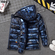 男孩羽絨服12-15免洗新款中大童亮面冬裝外套男童冬季羽絨棉服加厚帥氣中小學(xué)生保暖棉襖潮 熊貓藍 160