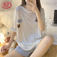 浪莎新款睡衣女夏季薄款短袖甜美夏天家居服套裝520情人節禮物 雙短[套裝]藍圓領(lǐng)小熊 2XL [建議130-145斤]