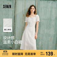 森馬（Semir）連衣裙女設計感重工繡花夏2025花邊翻領泡泡袖小白裙107425114041