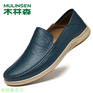 木林森男鞋秋季新款男士百搭休閑皮鞋豆豆鞋男頭層牛皮輕便透氣商務(wù)皮鞋 20219025藍色 40