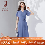 經(jīng)典故事（JANE STORY）2024新款純色系帶領短袖連衣裙女夏季氣質(zhì)顯瘦V領收腰中長款裙子 藍色 XL