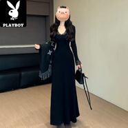 花花公子（PLAYBOY）赫本風黑色領針織連衣裙子女秋冬季2025新款配大衣內搭打底長裙 黑色長裙/連身裙子/秋冬連衣裙/秋季連衣裙/秋冬裙子/ L 55/60kg
