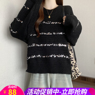 歐貝汐【新品】韓系新款釘珠加厚毛衣女秋季圓領(lǐng)套頭寬松上衣 黑色 M
