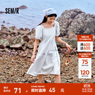 森馬連衣裙女溫柔系木耳邊方領24夏季泡泡袖娃娃裙甜美可愛 冰藍80900 L