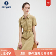 Navigare意大利小帆船短袖襯衫裙女士夏季時尚百搭小個子連衣裙簡約中裙女 瑪奇朵 L 碼