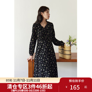獨(dú)束大碼女裝法式甜美V領(lǐng)碎花連衣裙女春裝新款微胖mm顯瘦茶歇裙 黑底棕花 L (尺碼：2)