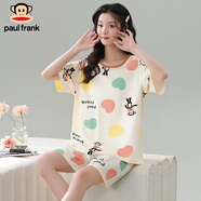 大嘴猴（paul frank）夏天新款透氣舒適圓領(lǐng)短袖短褲睡衣女士寬松休閑家居服套裝 杏色 親膚透氣 2XL 建議(130-150斤)