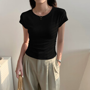 白色圓領(lǐng)短款短袖t恤女夏季 2025新款設(shè)計(jì)感小眾正肩高腰收腰上衣 黑色_【腰部褶皺款】 S _【85斤以下】