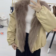欣裘紅怡2025季新款韓版派克服狐貍毛連帽寬松V領(lǐng)白鵝絨羽絨服短外套女 卡其色 L