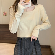 以純（YISHion）2025年新款白色方領(lǐng)針織打底衫女春季薄款內搭毛衣短款小個(gè)子上衣 杏色【2025新款小衫 洋氣減齡】 XL