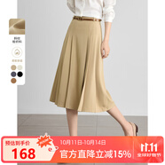 熙世界灰色百褶半身裙子女秋2025新款高腰顯瘦垂感a字西裝半裙 卡其色-配腰帶 XL