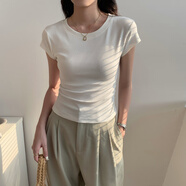 白色圓領(lǐng)短款短袖t恤女夏季 2025新款設(shè)計(jì)感小眾正肩高腰收腰上衣 白色_【腰部褶皺款】 S _【85斤以下】