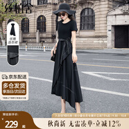 絲柏舍2025春夏裝新女士短袖顯瘦拼接不規則長(cháng)裙綁帶連衣裙