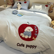 語(yǔ)森憶卡通全棉磨毛床上四件套100純棉秋冬宿舍加厚被套毛巾繡床 4-藍格蘋(píng)果狗(100全棉磨毛面料 可愛(ài)毛巾 床笠款 7-1.5m床(床笠款四件套)適合2