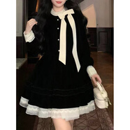 vnxifm在逃公主復古絲絨赫本風(fēng)小黑裙子秋冬大碼法式小香風(fēng)蝴蝶結連衣裙 黑色【版】 4XL _【170-190斤】