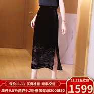 歐迪鳥(niǎo)（ODYBIRD）新中式真絲絲絨半身裙優(yōu)雅氣質(zhì)中長(cháng)款直筒桑蠶絲開(kāi)叉裙子 黑色 L