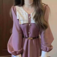 葉余法式茶歇絕美長(cháng)裙今年流行紫色連衣裙女秋冬收腰氣質(zhì)赫本風(fēng)A字裙 紫色 M 【關(guān)注店鋪配小禮物】