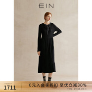 EIN言靜奢風(fēng)綿羊毛綁帶蝴蝶結(jié)撞料收腰氣質(zhì)針織連衣裙24秋季新款石墨黑S