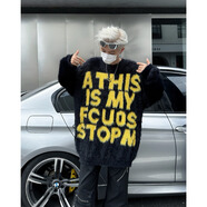 沐發(fā)國潮毛絨字母提花圓領(lǐng)仿海馬毛針織衫男士秋冬季寬松內搭毛衣外套 黑色 L 推薦110-125