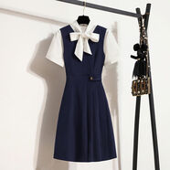 VOSACLL職業(yè)套裝女春秋無(wú)袖連衣裙襯衣馬甲裙前臺教師工作服 短袖襯衣+背心裙【整套】 S