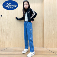 迪士尼（Disney）女童褲子春秋新款牛仔褲2025兒童休閑外穿長褲女中大童寬松闊腿褲 6002小熊藍(lán)色【春秋款】 140