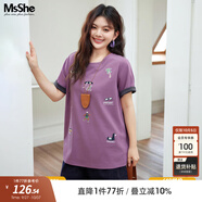 MsShe【原創(chuàng  )印花刺繡雙色短袖T恤】大碼女裝2025夏裝胖mm顯瘦上衣 A款-果醬紫色現貨 5XL