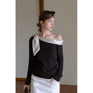 EGGKA咖色拼接波點(diǎn)綁帶斜肩長(cháng)袖針織衫設計感顯瘦上衣E25A80240AF 咖色(請勿浸泡洗滌) 均碼