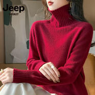JEEP SPIRIT美麗諾高領(lǐng)純色羊毛衫女短款寬松加厚堆堆領(lǐng)毛衣針織羊.絨打底衫 車(chē)厘子紅 M