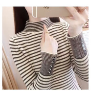 香影純半高領(lǐng)條紋仿水貂絨毛衣打底衫女內搭2025新款秋冬修身針織衫上衣 杏色 L (建議105-115斤)