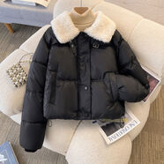 小紅書同款羊羔毛領(lǐng)羽絨棉服女冬季2024新款大碼胖mm短款面包服加 黑色外套版奶系甜美初戀超仙女減齡藏肉多巴胺穿搭微胖 XL XL建議125-140斤