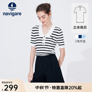 Navigare意大利小帆船短袖針織衫女士夏季顯瘦時尚條紋POLO衫V領(lǐng)毛衣T恤衫 科技白/黑 L 碼
