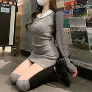 秋冬韓版設計感毛衣針織連衣裙甜辣風(fēng)娃娃領(lǐng)排扣修身女包臀裙 灰色YY12352-1 均碼