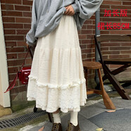 法式甜美少女A字裙2025冬加厚高腰顯瘦蕾絲拼接蛋糕裙毛絨半身裙 米白色-加長(cháng)版-裙長(cháng)85cm L