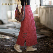 夏典素訂女王（SE.PSTP）2025冬棉麻女裝新品苧麻夾棉菱格絎縫裙子設計個(gè)性保暖女半身裙 舊紅（夾棉）菱格絎縫 均碼
