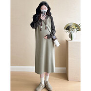 孕婦連衣裙秋冬韓版連帽長(cháng)袖卡其色寬松撞色減齡中長(cháng)款女 卡其色連衣裙 M