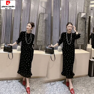 皮爾卡丹（pierre cardin）洋氣絲絨連衣裙女2025秋季新款闊太太大尺碼寬松遮肚顯瘦過(guò)膝裙 黑色連衣裙 M