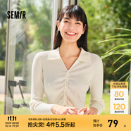 森馬針織衫女短款純色小心機抽繩24春季polo領修身毛衫顯瘦 奶白10501 S