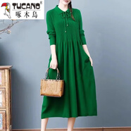 啄木鳥(niǎo)（TUCANO）羊·毛針織衫女?huà)寢屟b中長(cháng)款過(guò)膝毛衣娃娃領(lǐng)羊·毛衫秋冬打底連衣 綠色 M 【建議95-110斤】